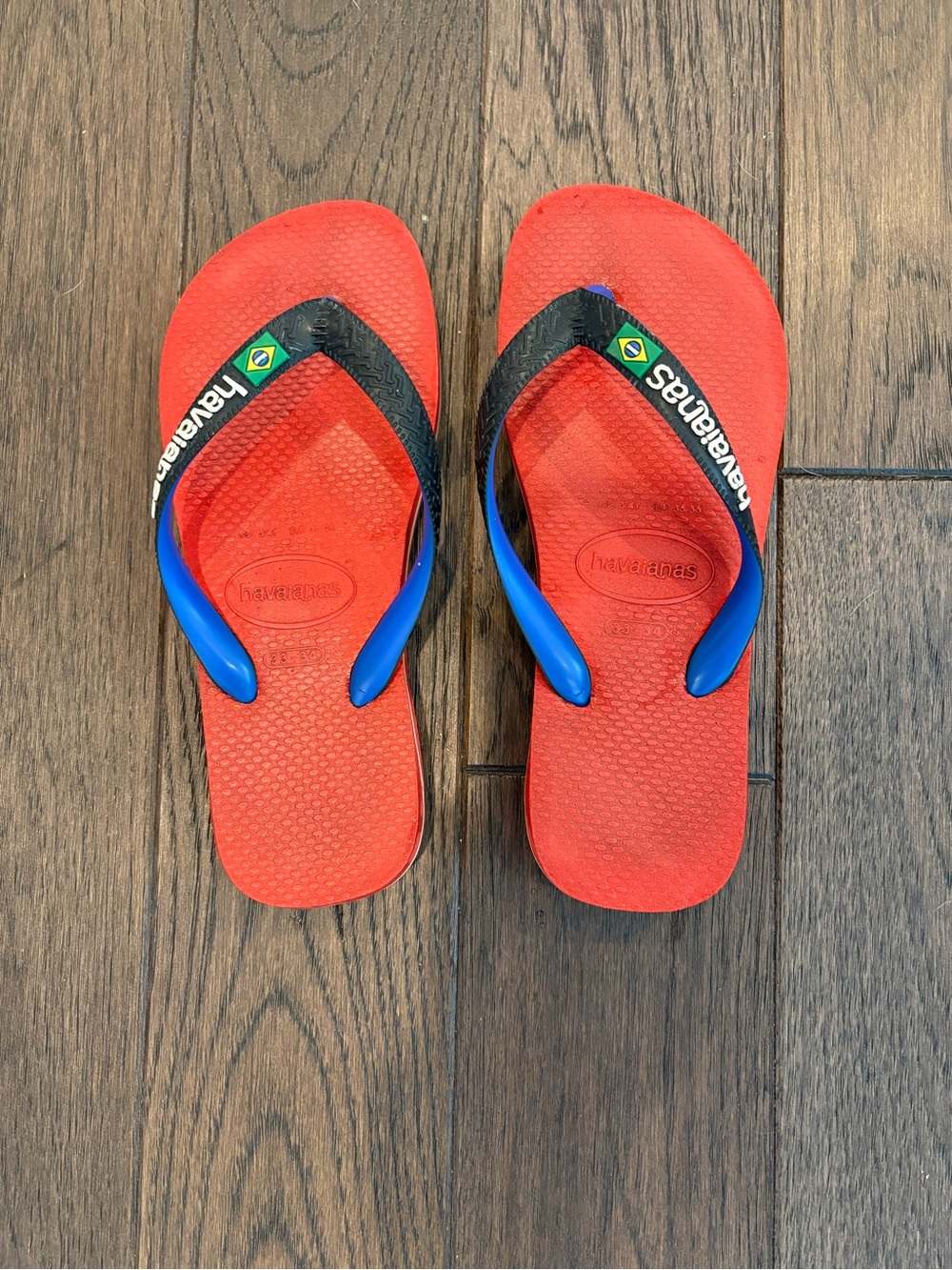 Havaianas Kids Red Sandals with Black Straps and Blue Toe Posts